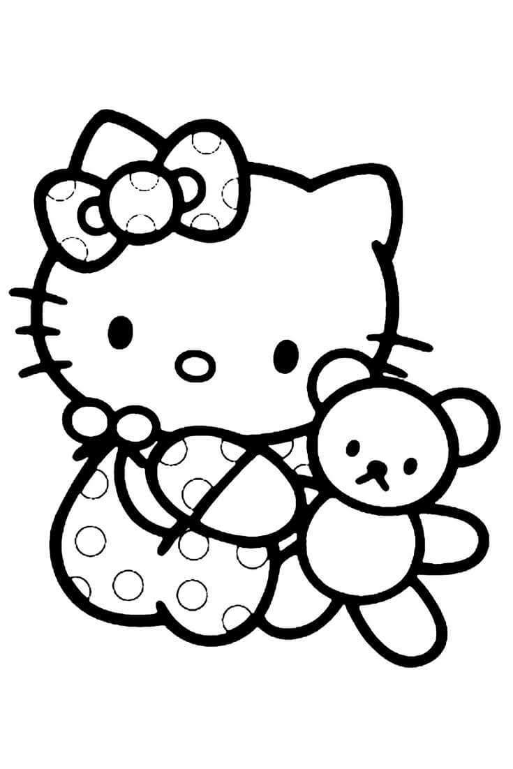 Dibujo de Hello Kitty con osito de Peluche para Imprimir y Colorear