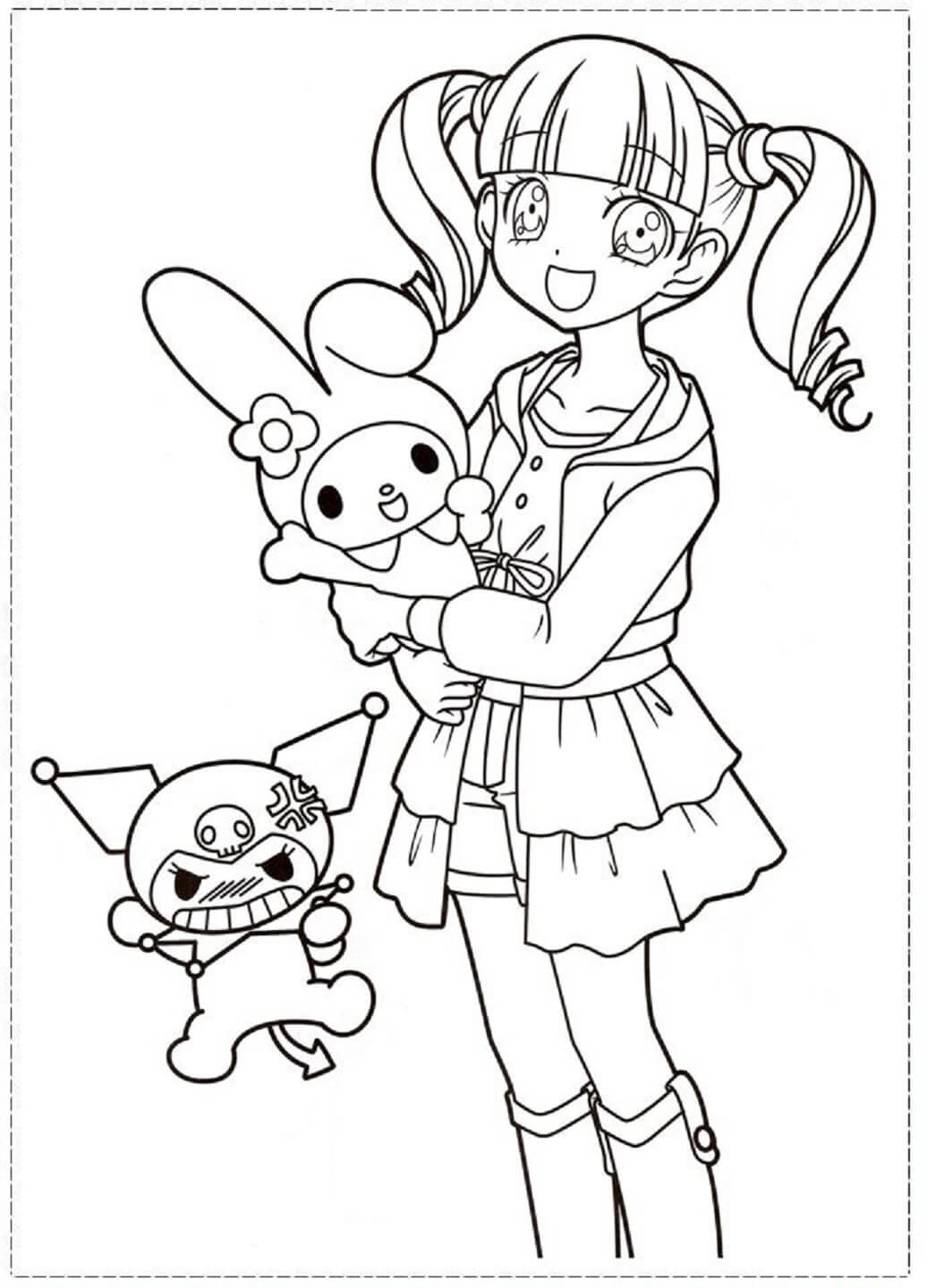dibujo chica divertida sosteniendo mi melodia con kuromi enojado para colorear