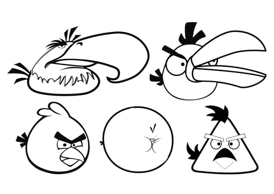 dibujo cinco pajaros de angry birds para imprimir y colorear