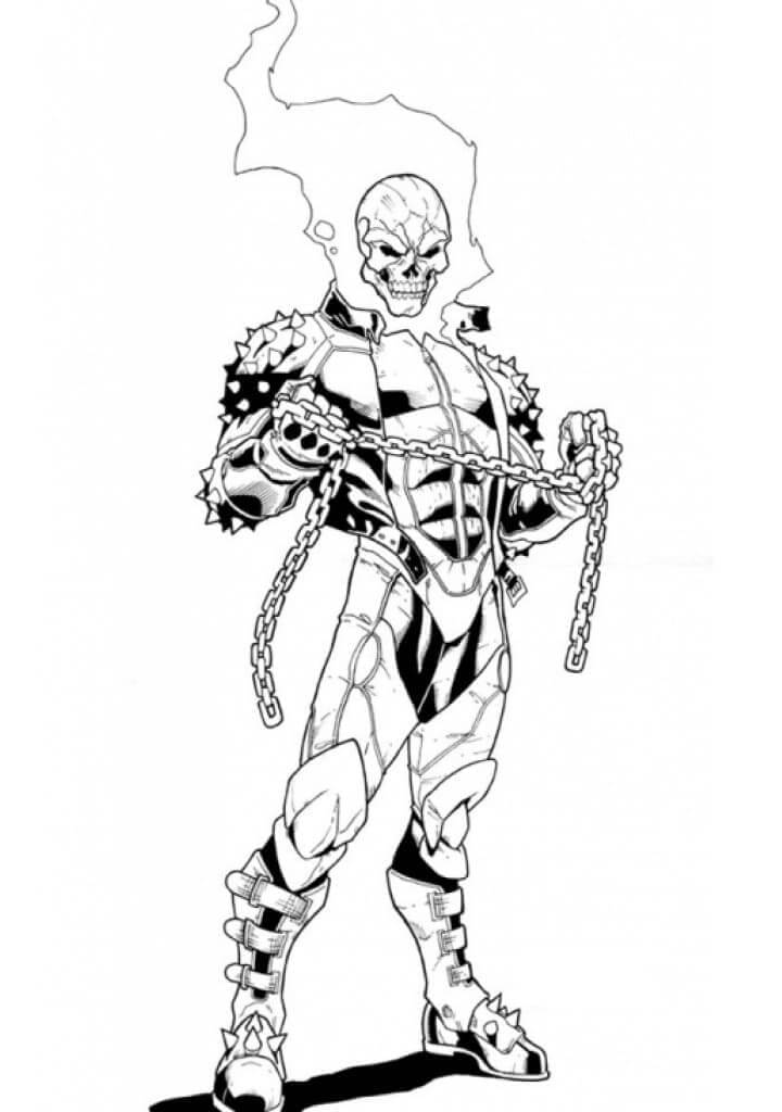 dibujo ghost rider sosteniendo una cadena para imprimir y colorear