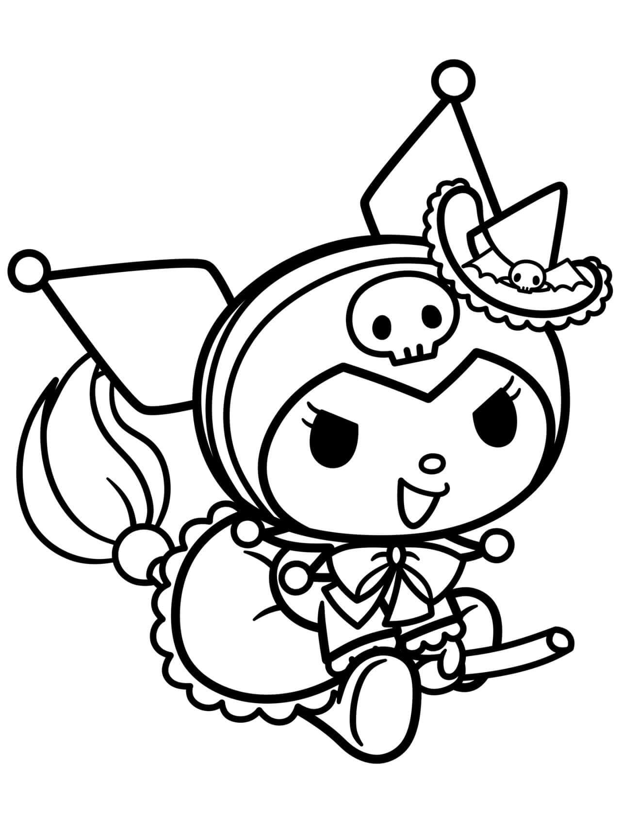 dibujo kuromi montando una escoba para colorear