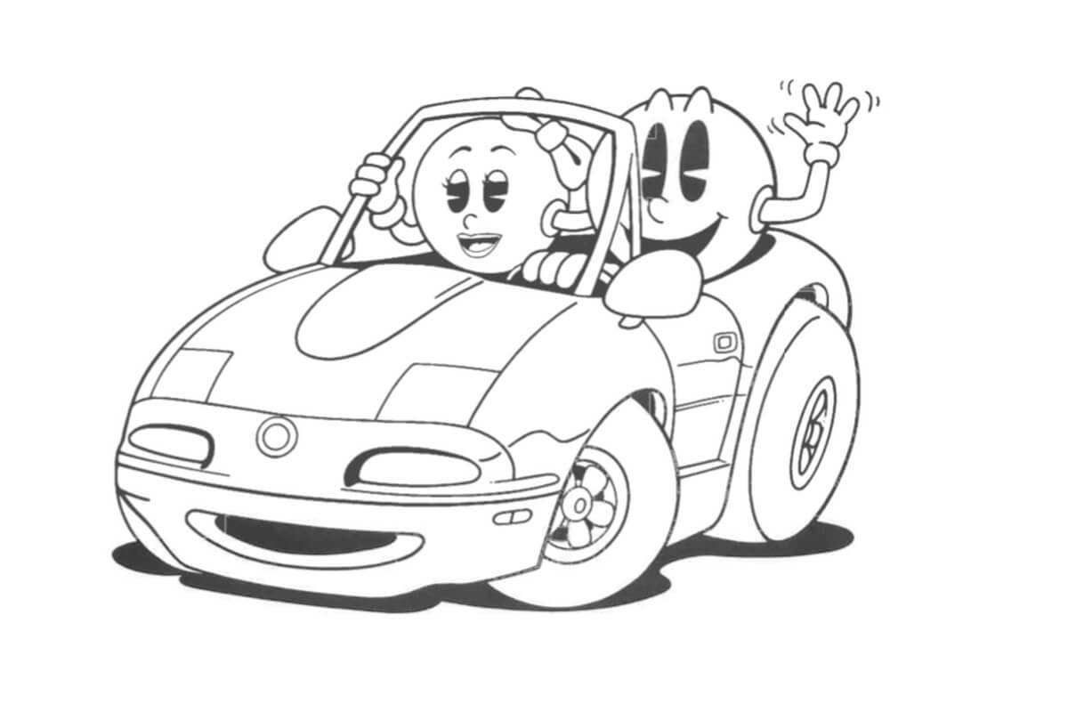 dibujo pacman conduciendo un coche con ms pacman colorear