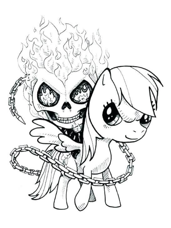 dibujo unicornio de montar a caballo de ghost rider de dibujos animados para imprimir y colorear