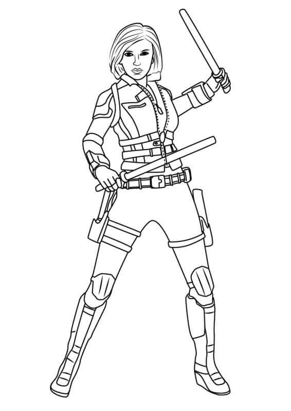 dibujo viuda negra sosteniendo dos palos para imprimir y colorear 