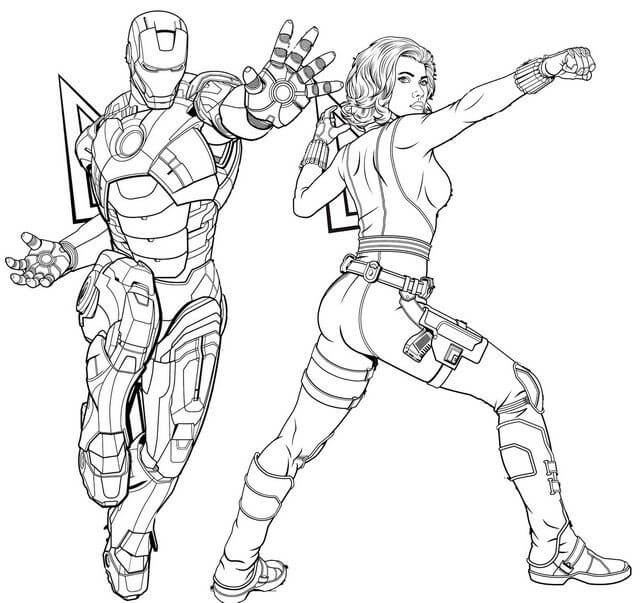 dibujo viuda negra y hombre de acero para imprimir y colorear 