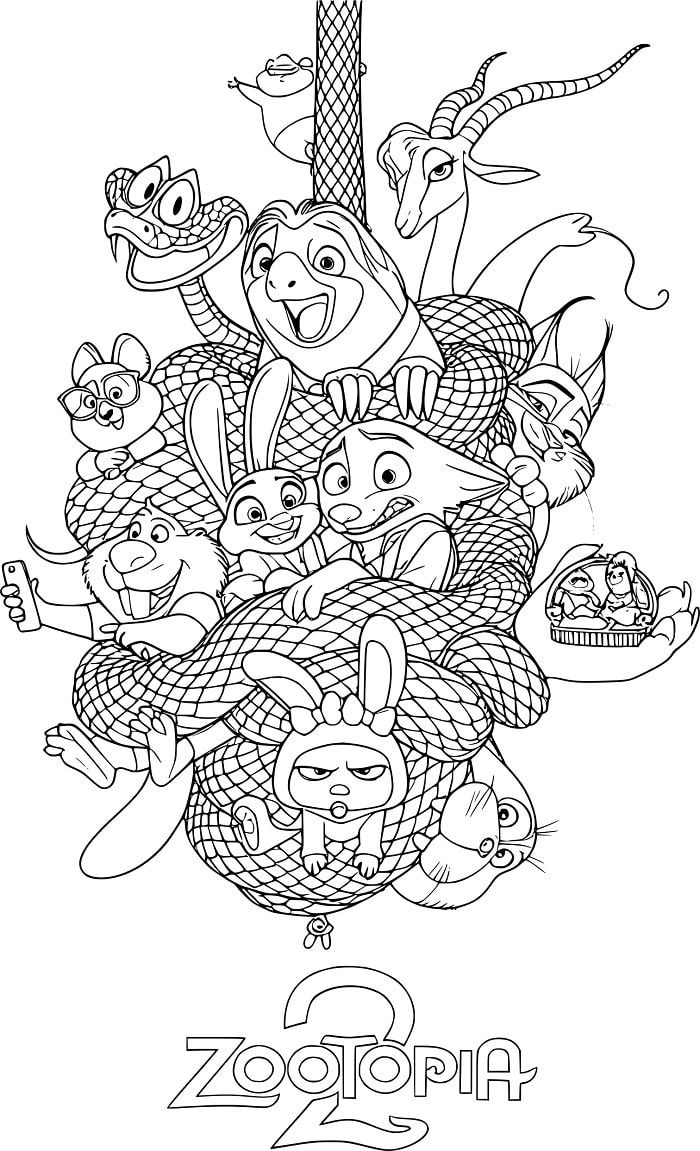Dibujo Con Los Personajes de La Película Zootopia 2 para Imprimir y Colorear Con Lapices de Colores