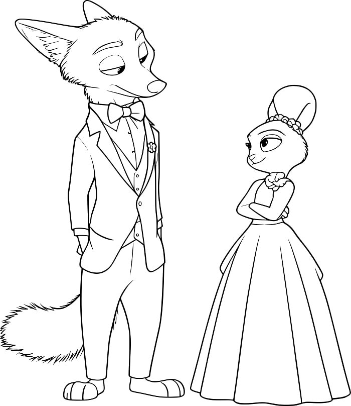 Dibujo de Nick y Judy Con Ropa de Baile En La Realeza para Imprimir y Colorear